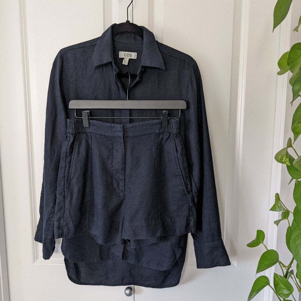 COS Linen Shirt and Pintucked Shorts Set, Navy, Size 2